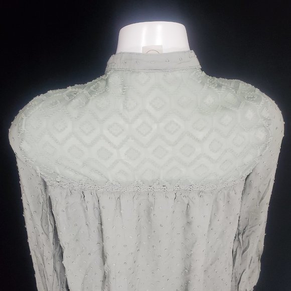 Paper & Crane Dot Fabric and Lace Button Up Blouse Sage Green Long Sleeve Sz. S - Picture 10 of 14